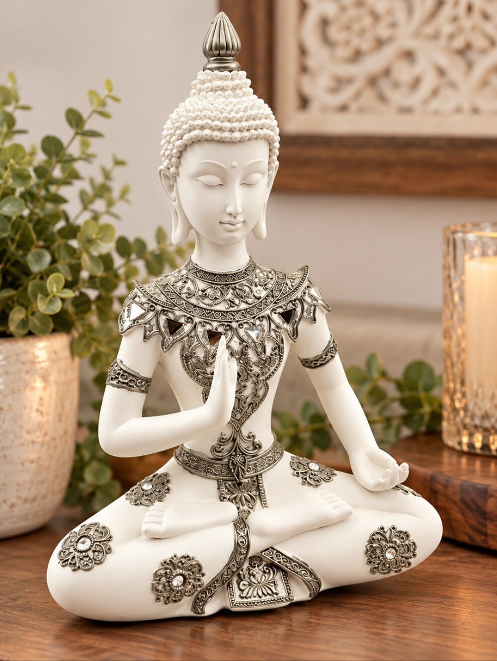 Ornate White Buddha Meditation Figurine with Silver-Tone Rhinestone Accents